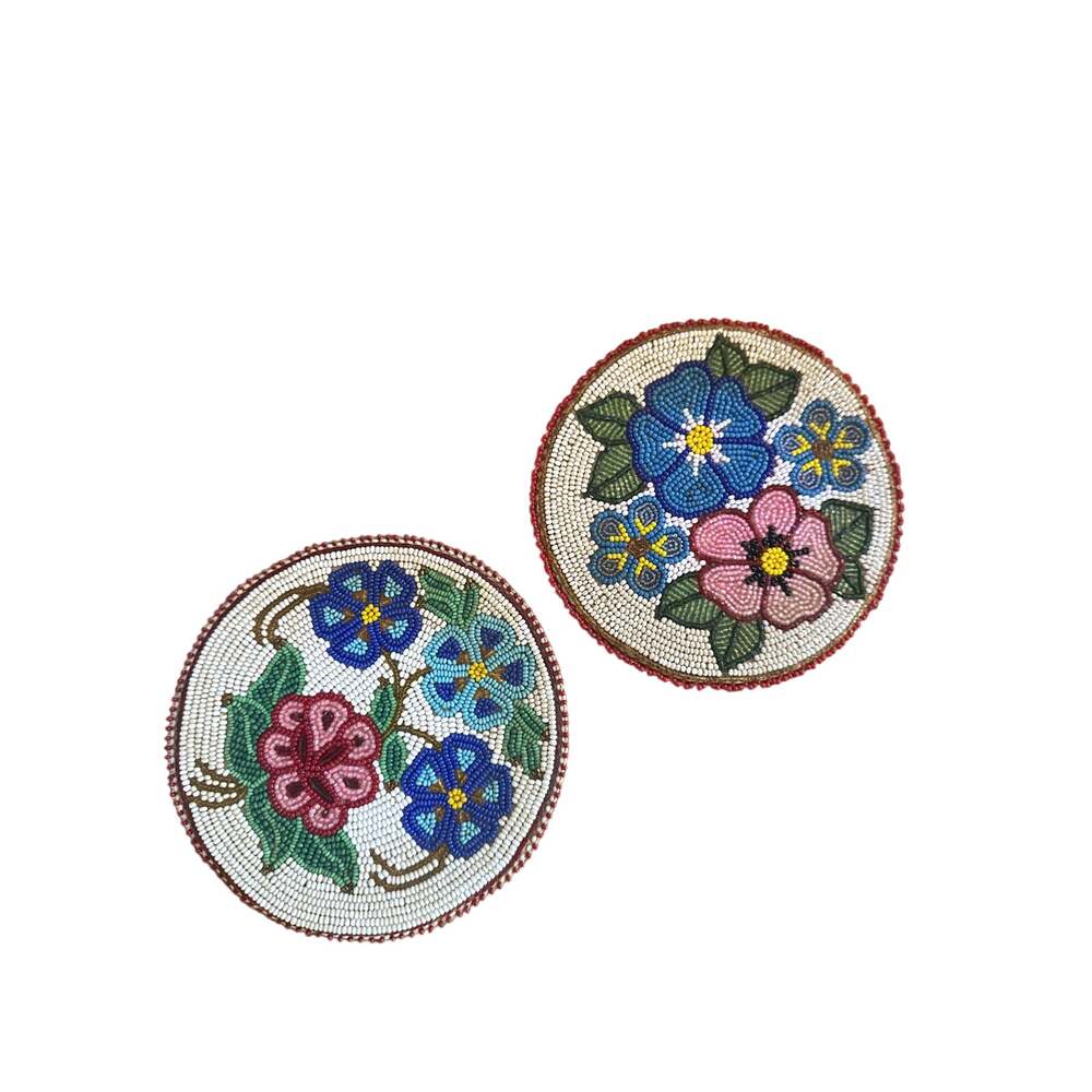 Vintage Handmade Beaded Floral Coaster Wall Mat Decor 5.5" Textile Art Medallion